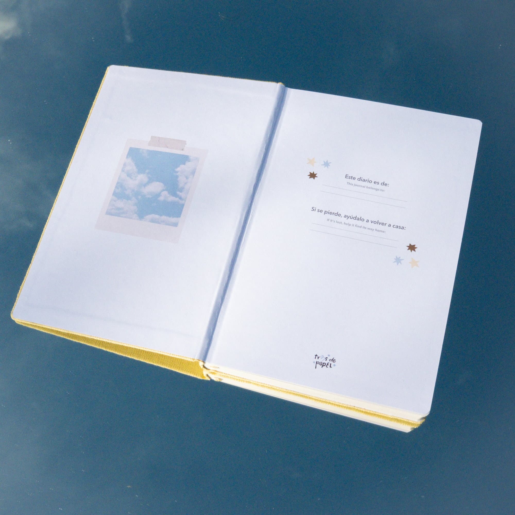 The Entre nubes journal opened, showing its illustrated endpapers.
