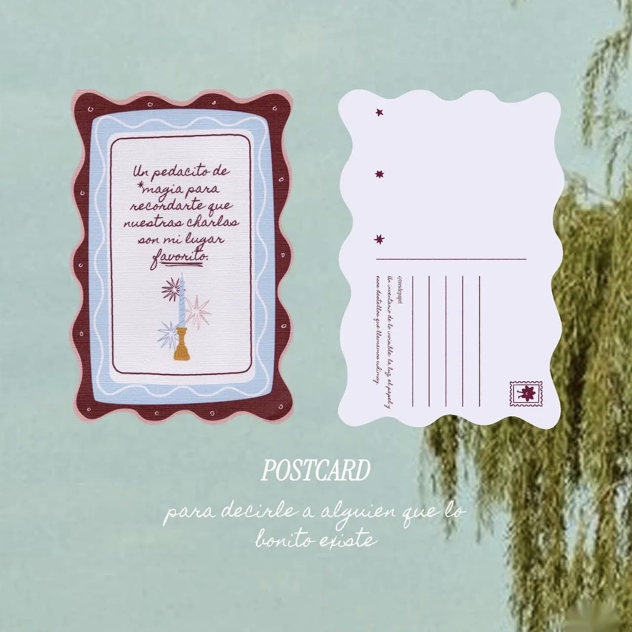Postal del kit The Whimsy Archive, mostrando el frente ilustrado y el reverso para escribir.